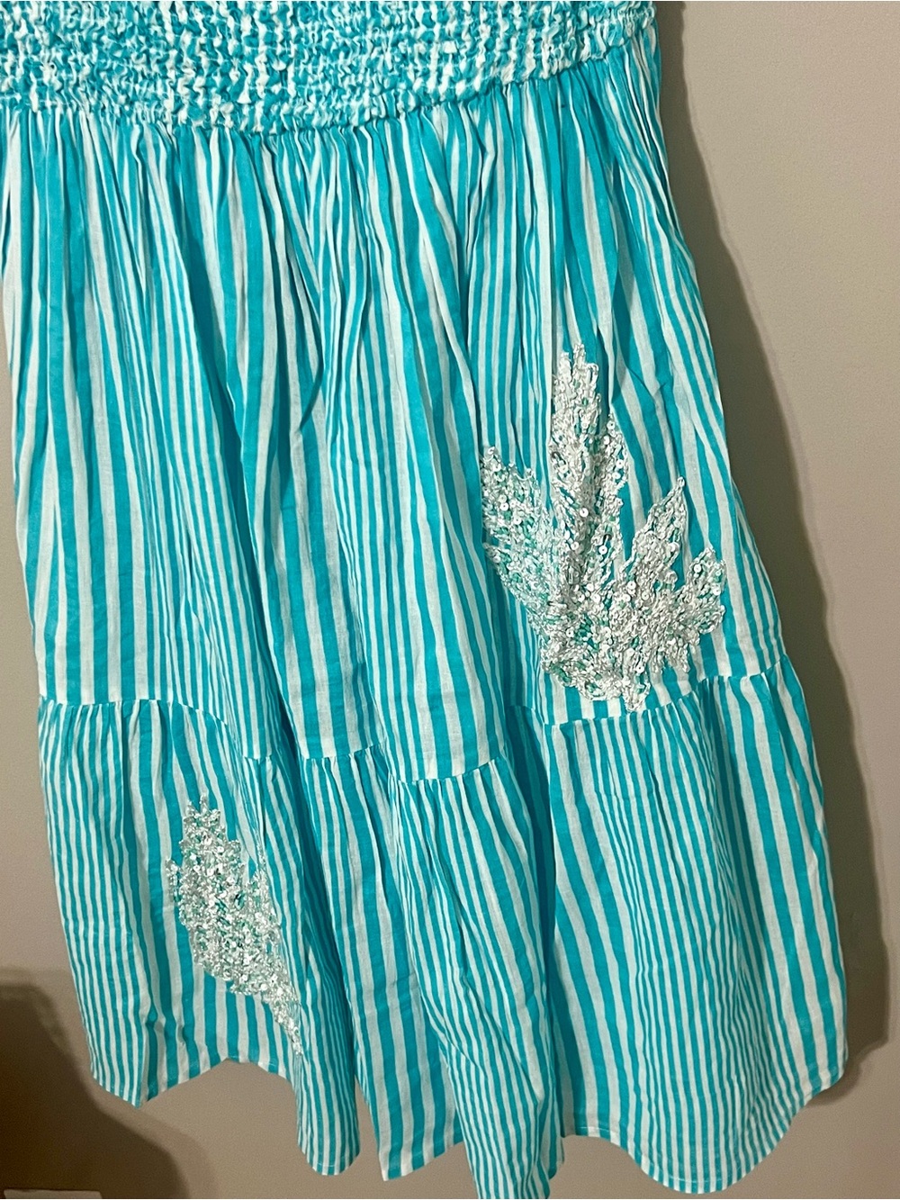 POL Turquoise & White Striped Smocked Mini Dress with Lace Beaded Appliqués - Picture 5 of 6